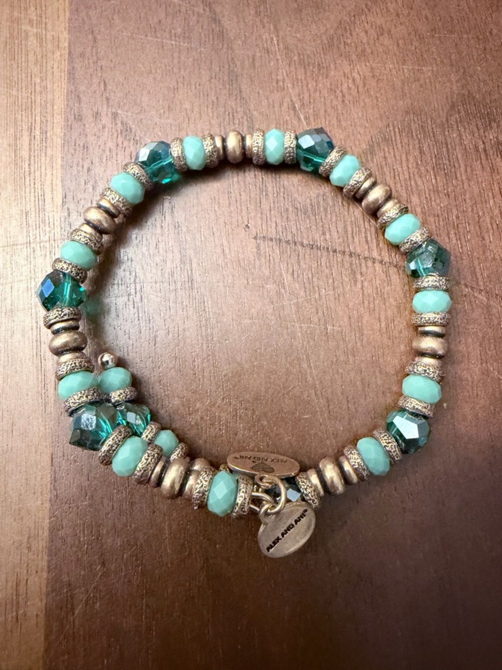 Alex and Ani Teal and Mint Beaded Bracelet with Gold Accents